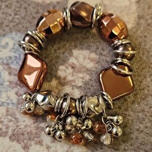 Brown and Silver Beaded Charm Stretch Bracelet